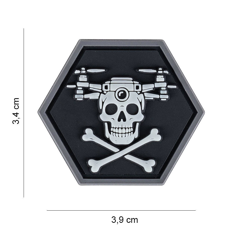 Embleem 3D PVC Hexagon Drone Skull & Bones Glow #8019 Embleem 3D PVC Hexagon Drone Skull & Bones Glow #8019